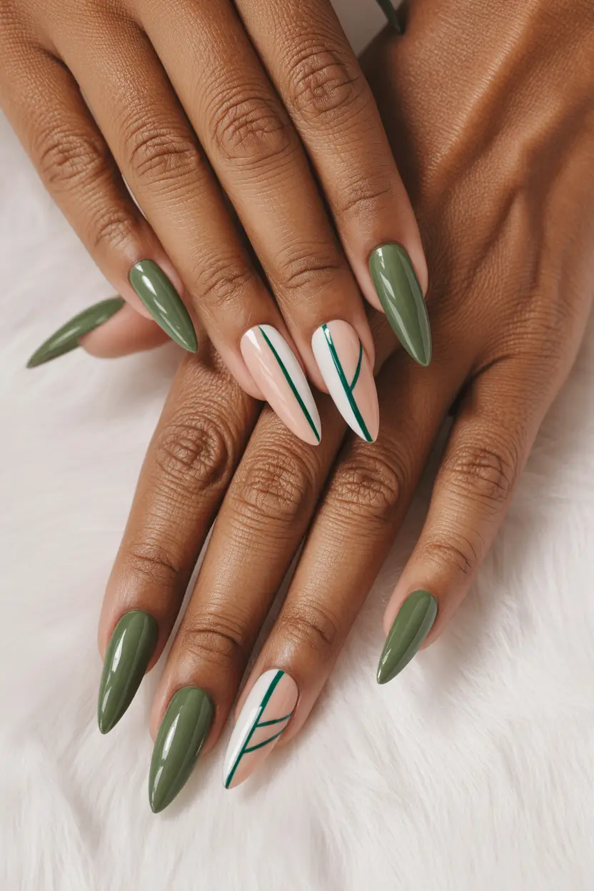 best short spring nails 2026 olive-and-nude-graphic-lines