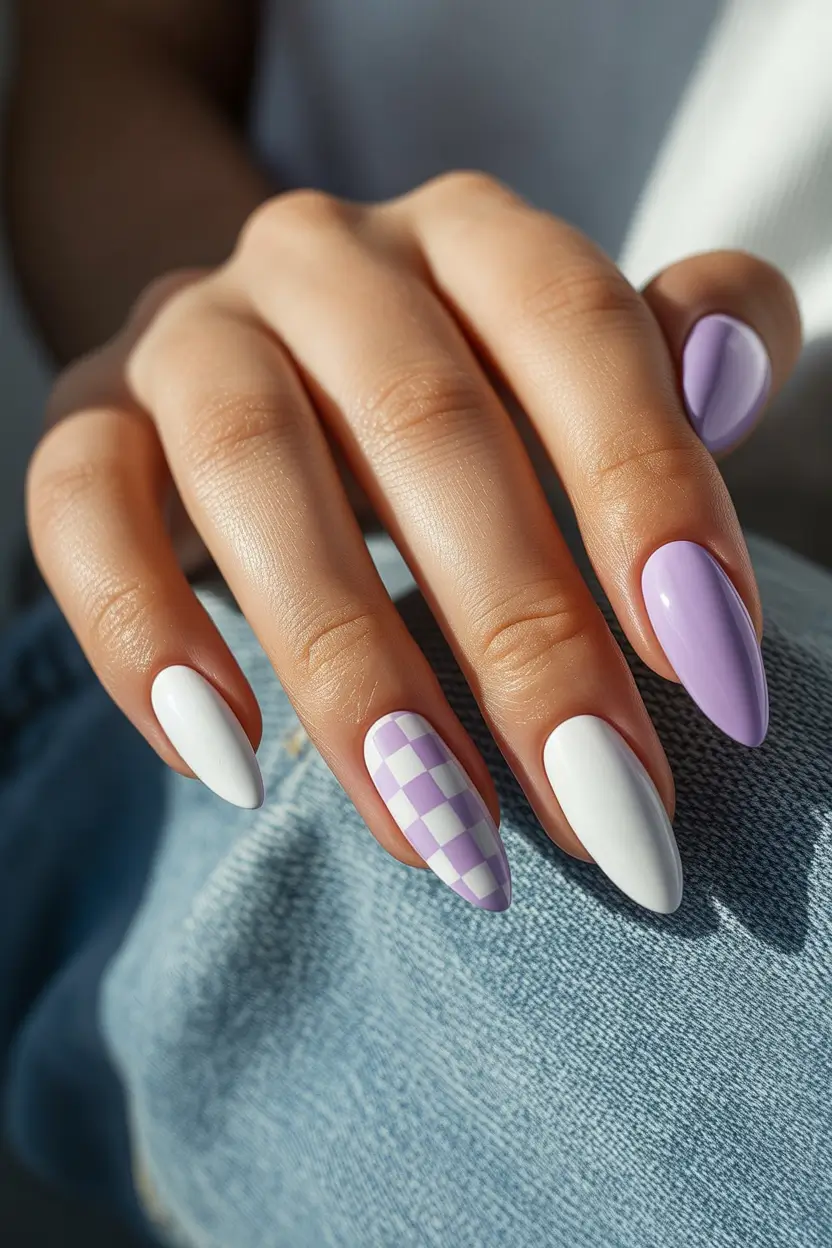 best short spring nails 2026 lavender-and-white-checker-soft-glam