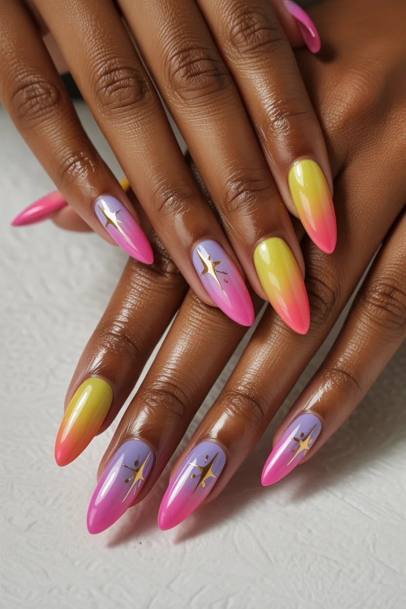best spring aura nails 2026 Sunset Pink and Lemon Glow on Almond Tips