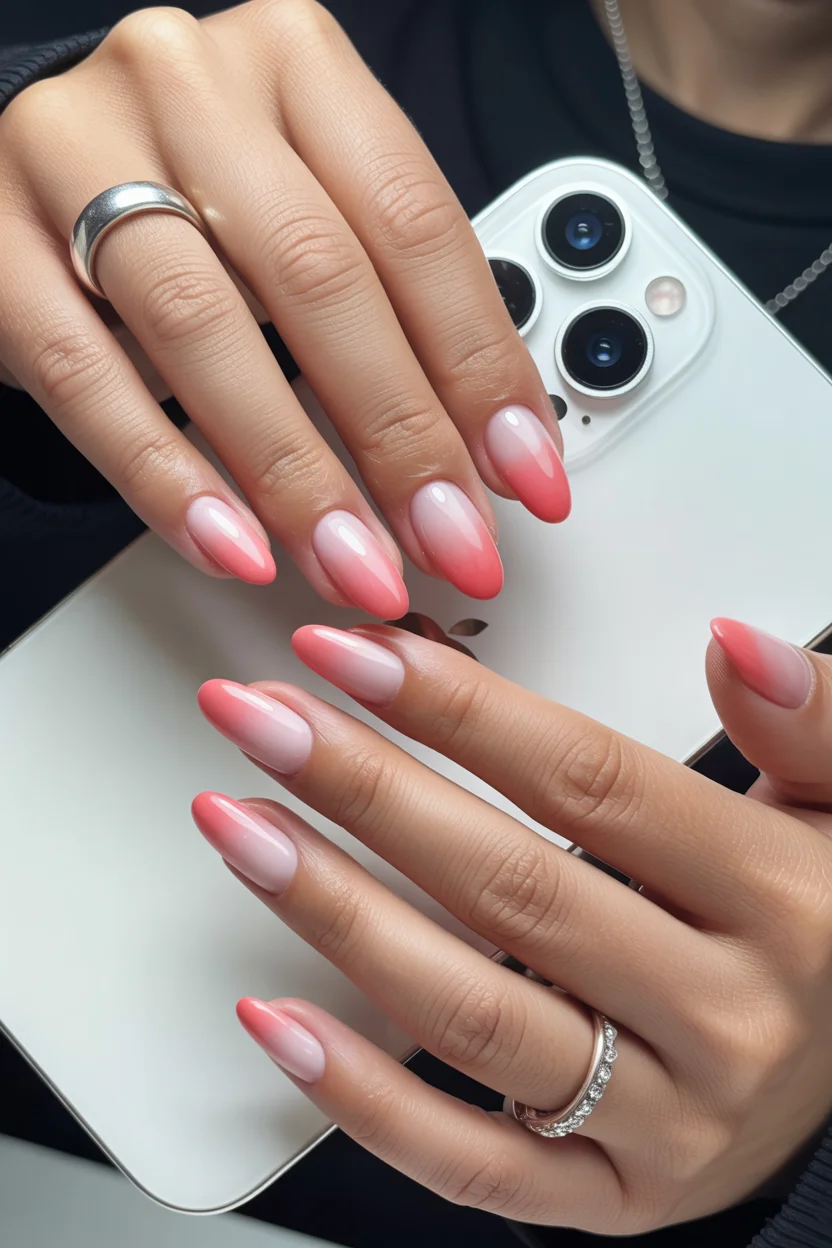 best spring aura nails 2026 Glossy Pink Aura with Modern French Edge 10
