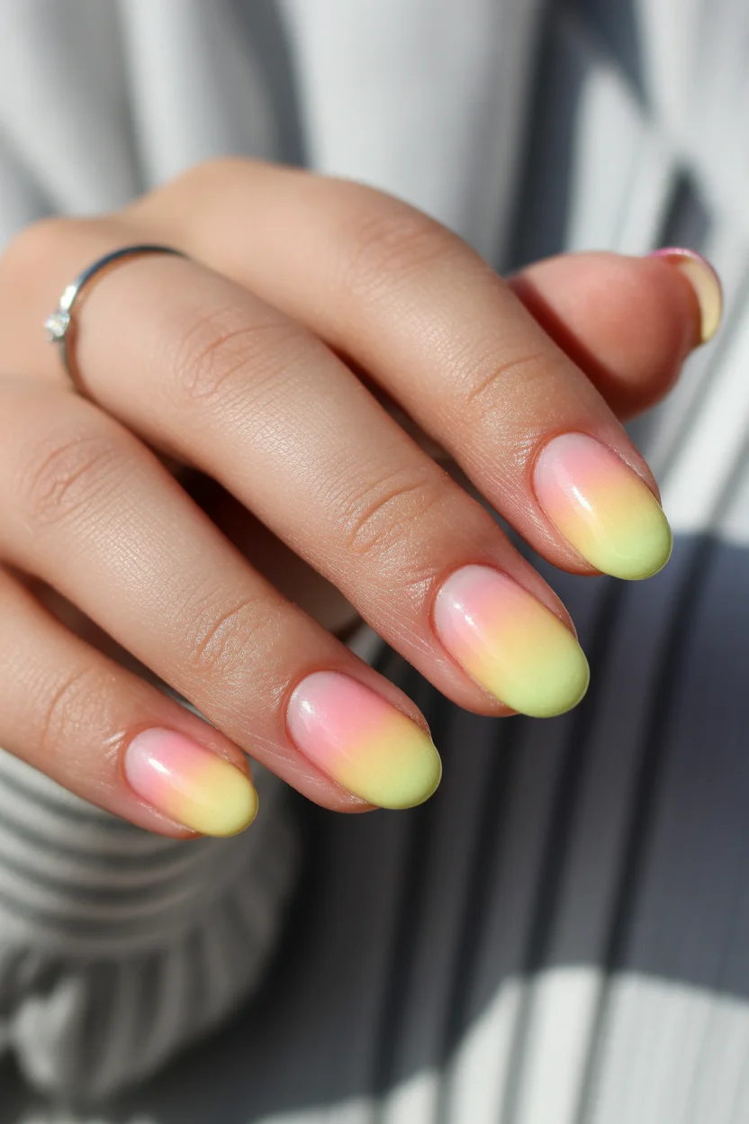 best spring aura nails 2026 Pastel Pink to Lime Glow on Short Oval 11