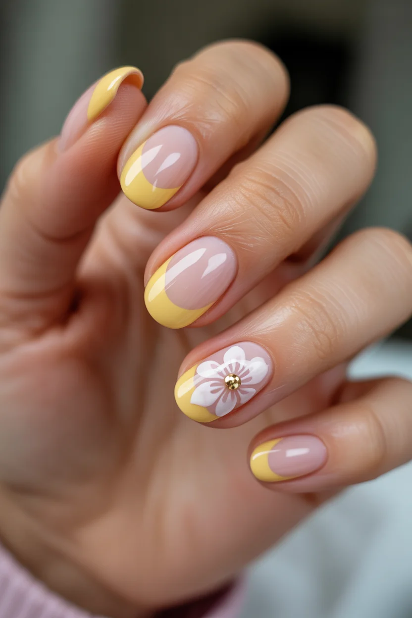best spring aura nails 2026 Yellow Aura French with Daisy Accent 12