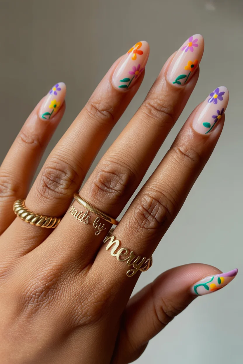 best spring aura nails 2026 Floral Aura Art with Purple and Green Details 14