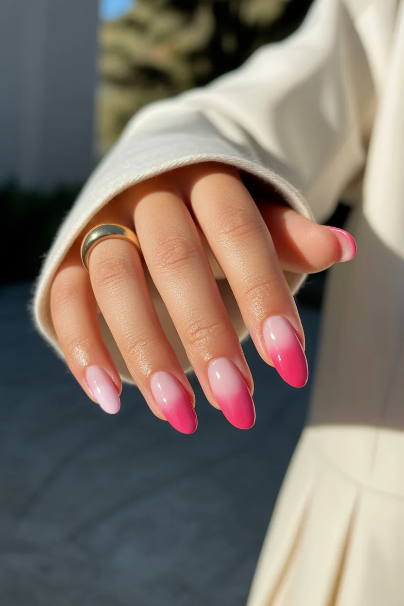 best spring aura nails 2026 Classic Pink Aura Fade on Almond 17