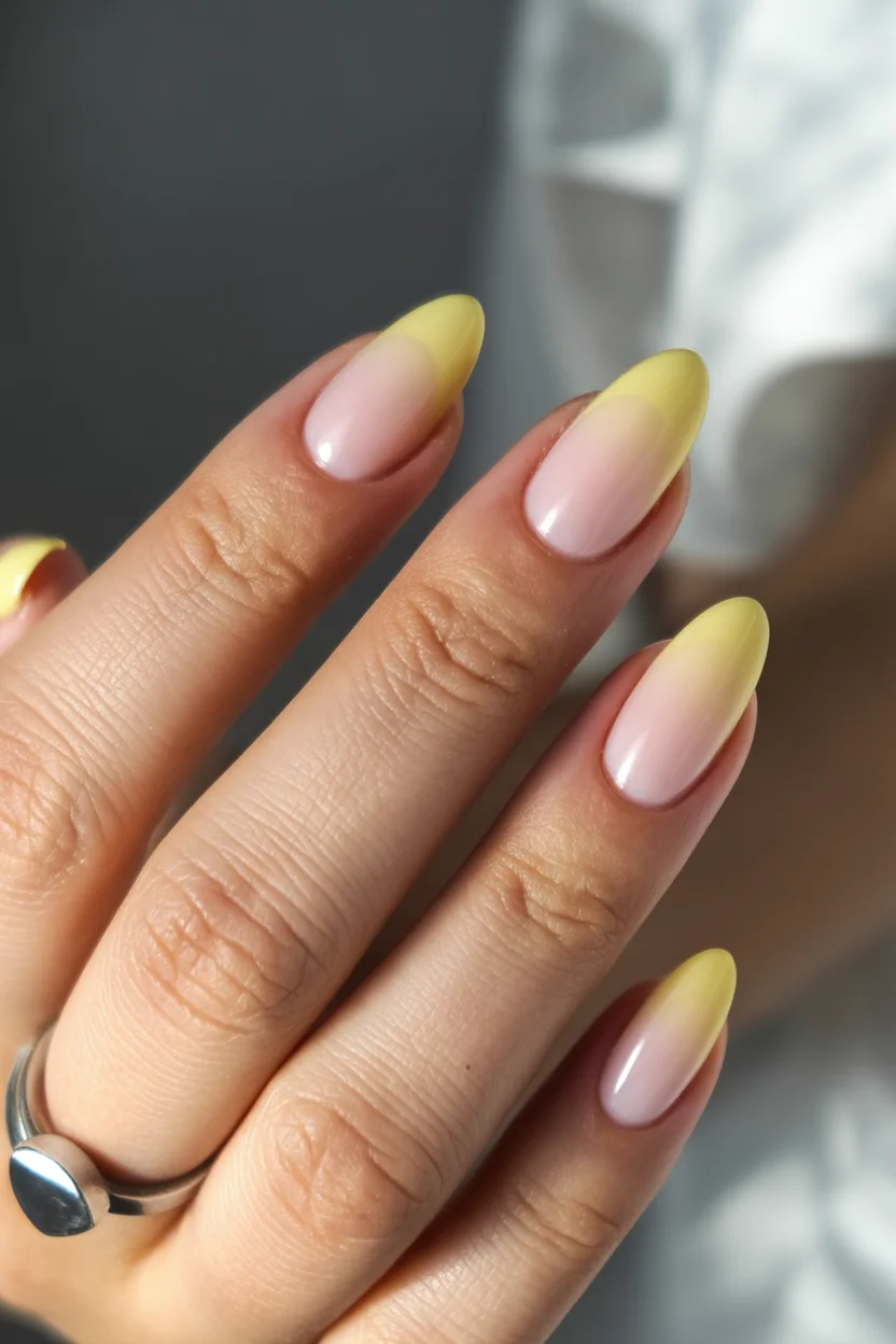 best spring aura nails 2026 Soft Yellow Tip Aura on Almond 18