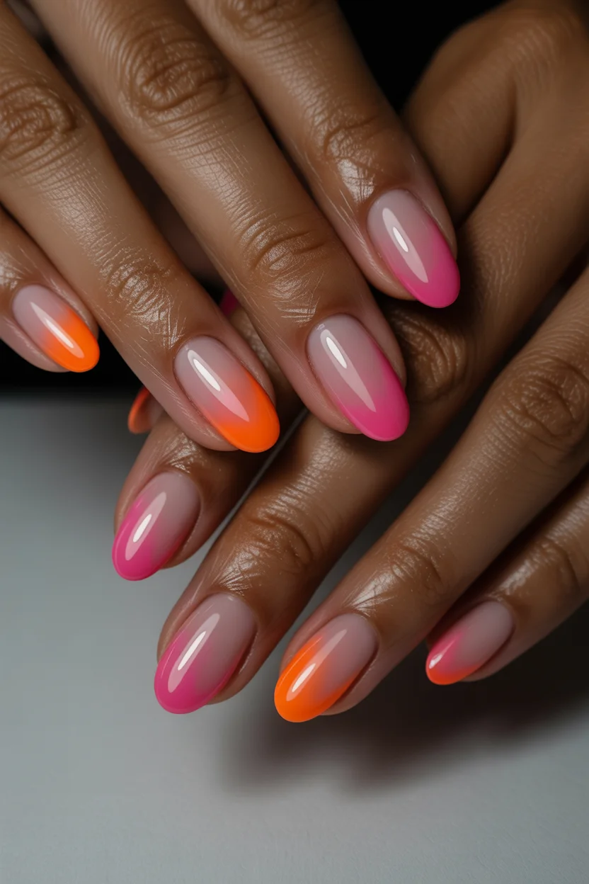 best spring aura nails 2026 Soft Nude Base with Pink and Orange Aura Accent