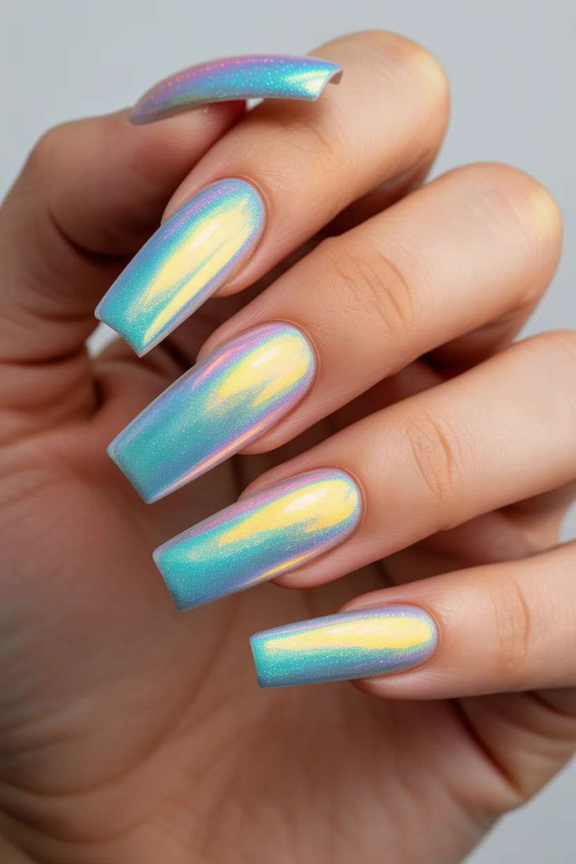 best spring aura nails 2026 Iridescent Blue Chrome Aura on Square Nails