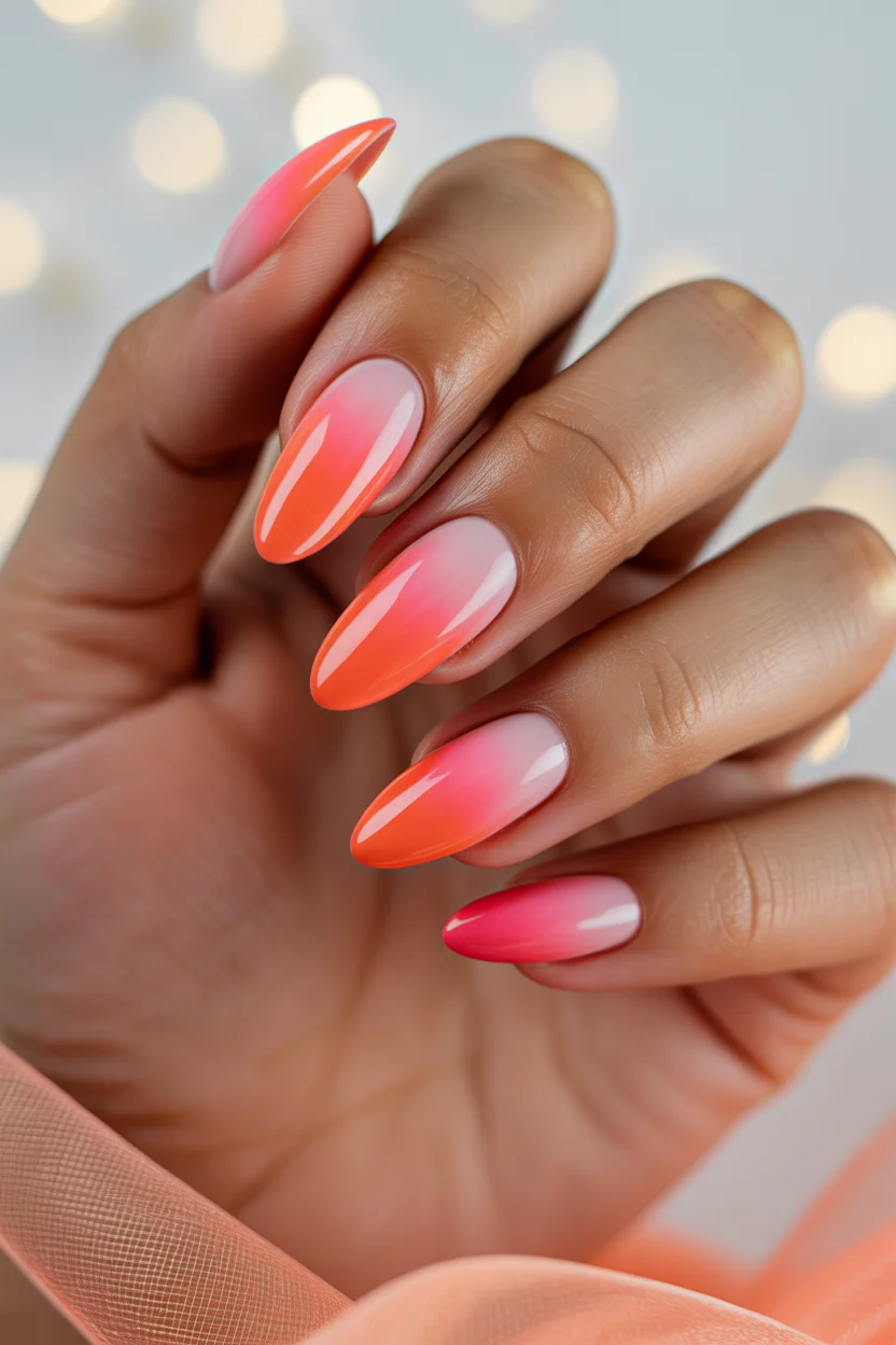 best spring aura nails 2026 Fiery Coral Fade on Almond 6