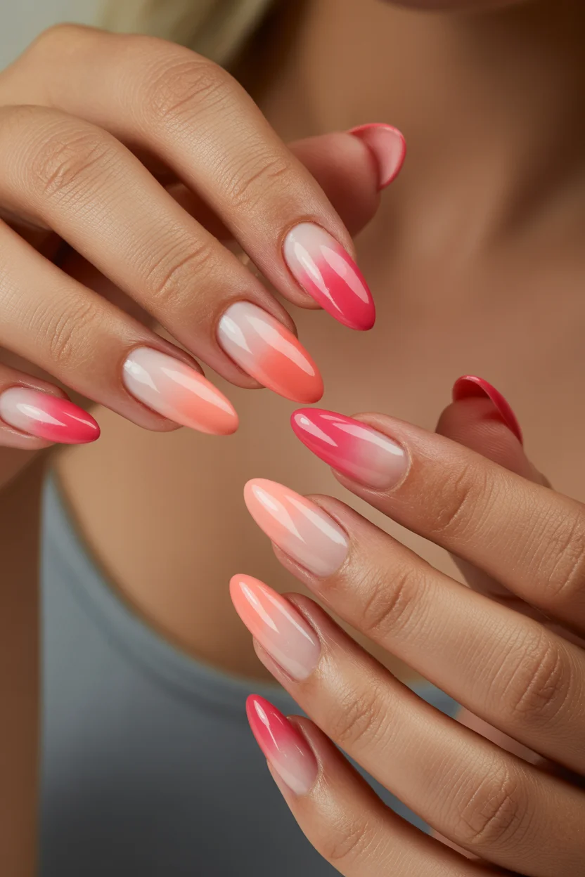 best spring aura nails 2026 Soft Pink to Peach Aura Mix on Almond 7