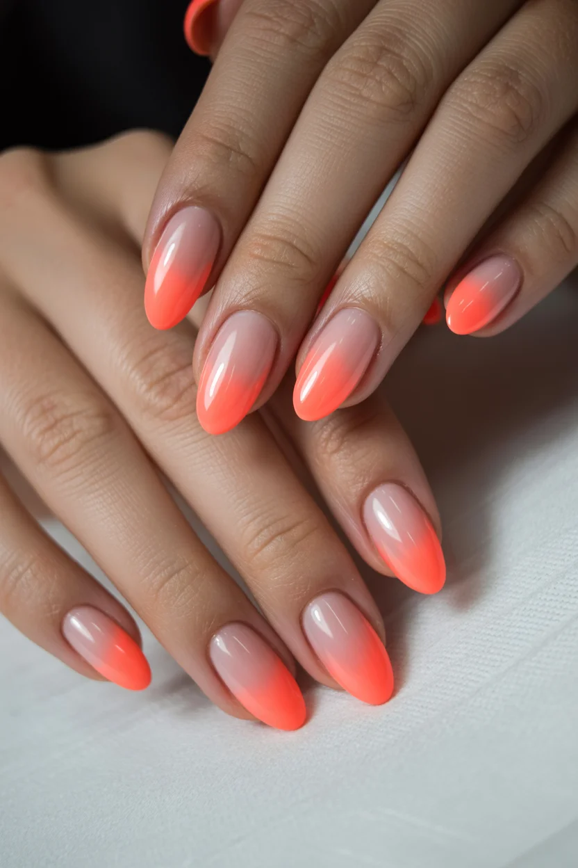 best spring aura nails 2026 Neon Orange Aura on Short Almond 8