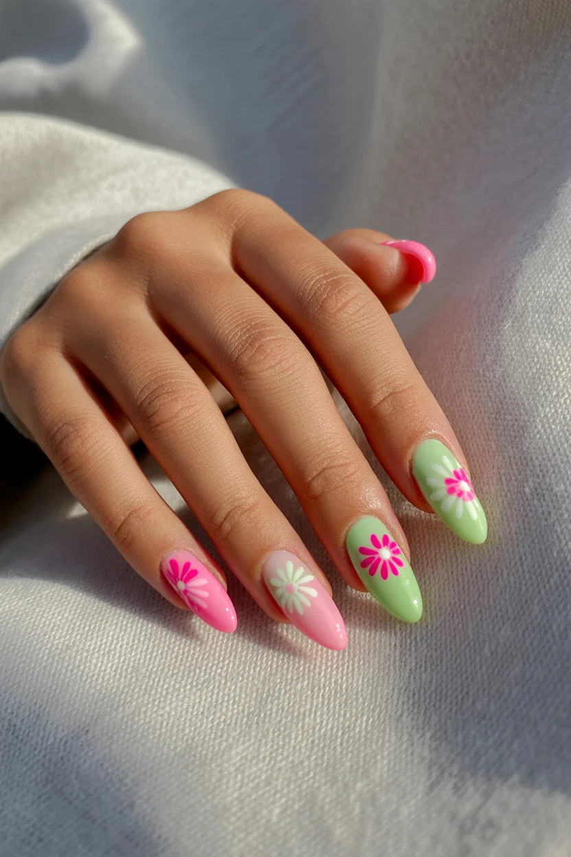 best spring nails acrylic 2026 playful pastel florals on almond acrylic nails