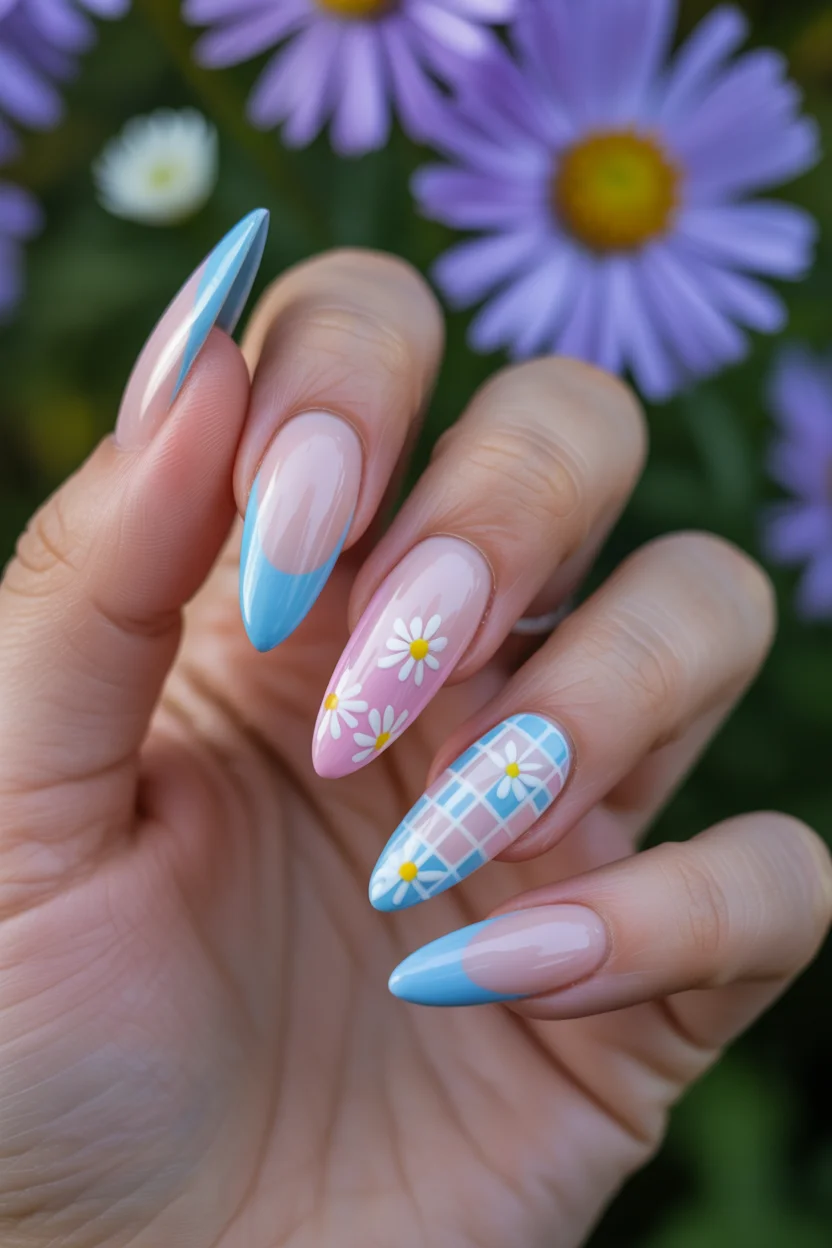 best spring nails acrylic 2026 soft blue french and daisy mix 11