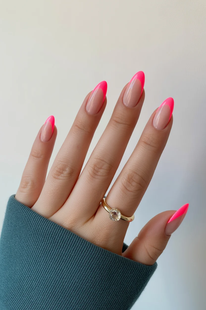 best spring nails acrylic 2026 neon pink french almond nails 13