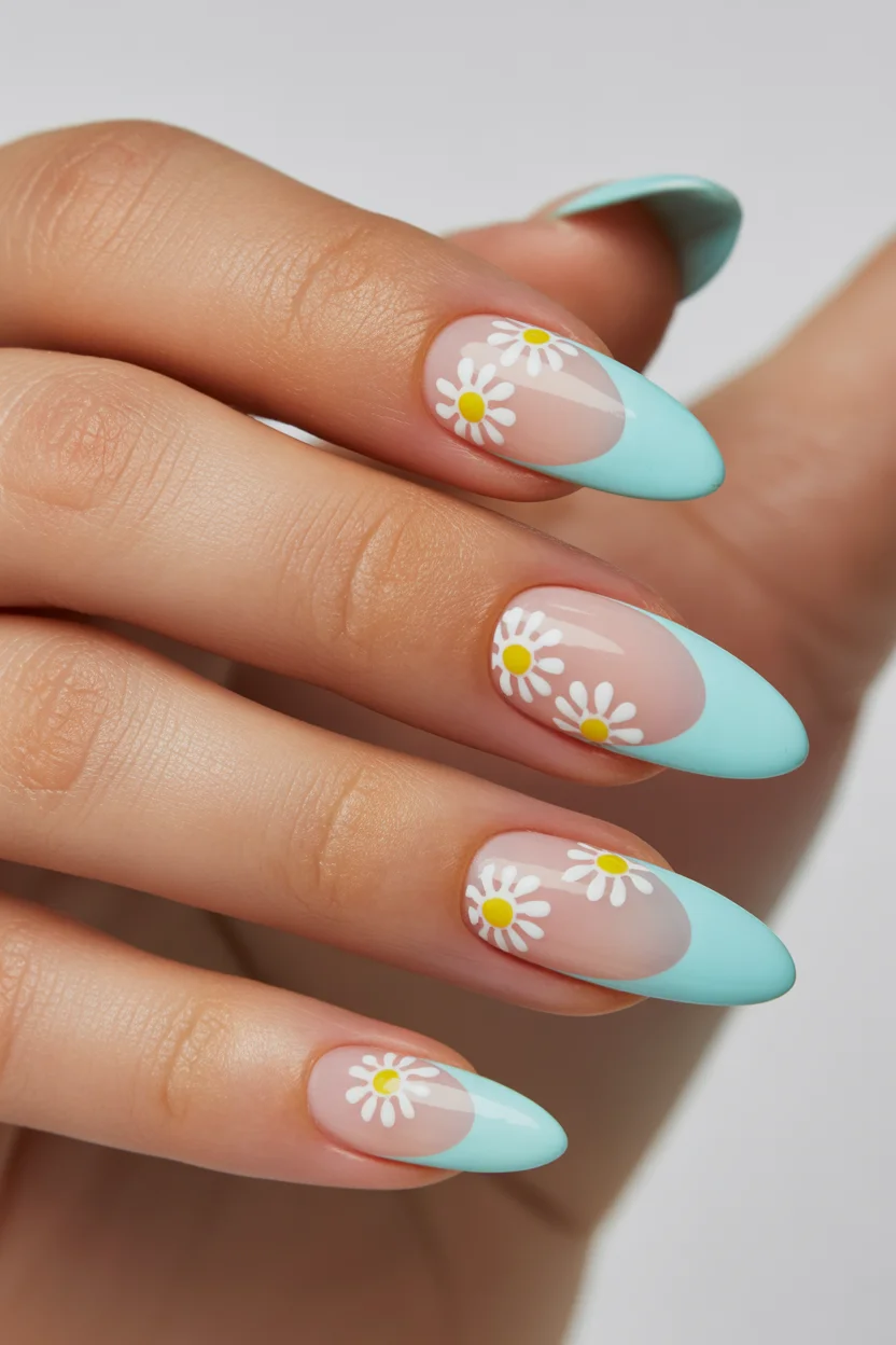 best spring nails acrylic 2026 baby blue almond nails with daisies 14