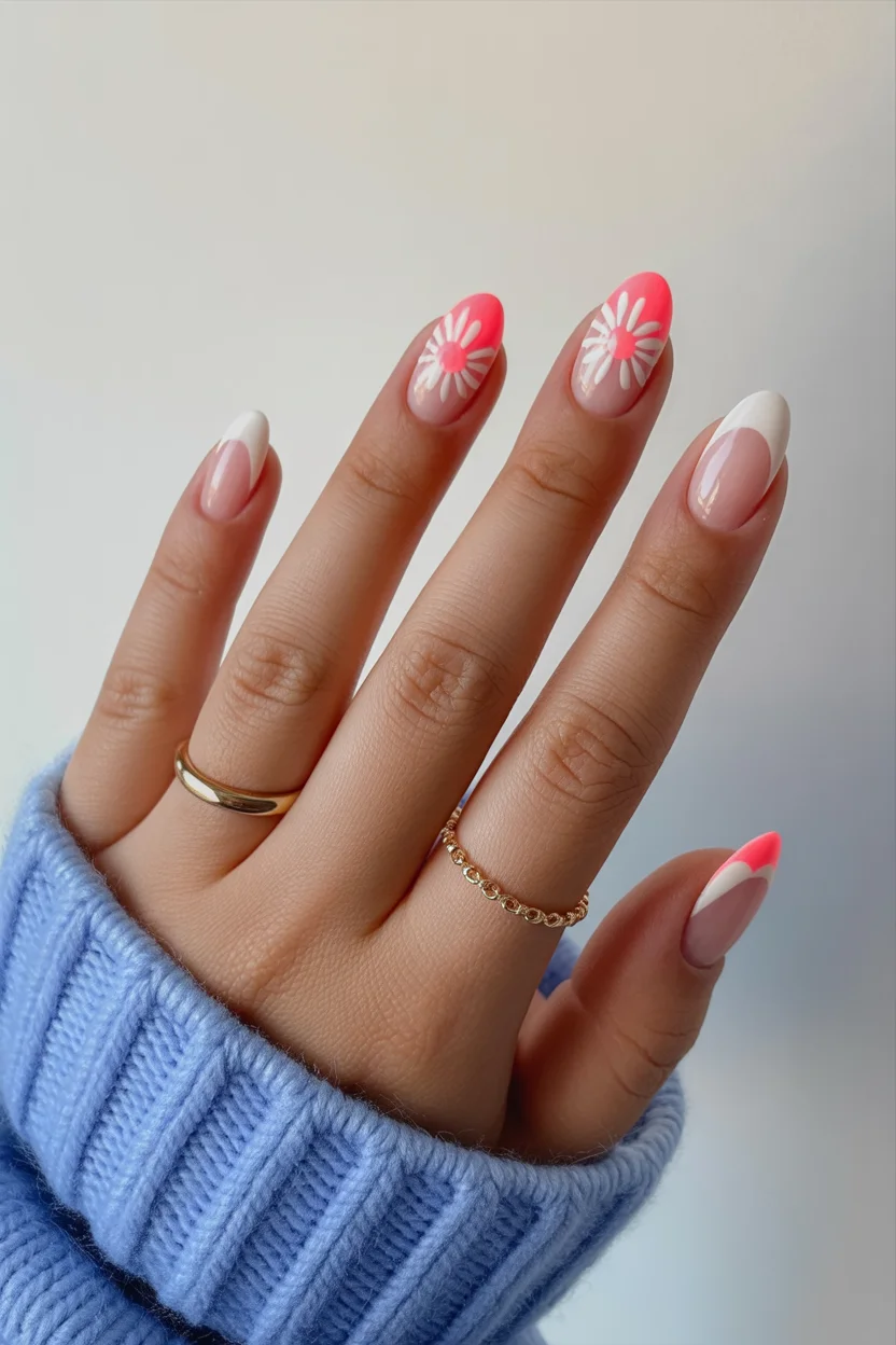 best spring nails acrylic 2026 coral daisy accent nails 15
