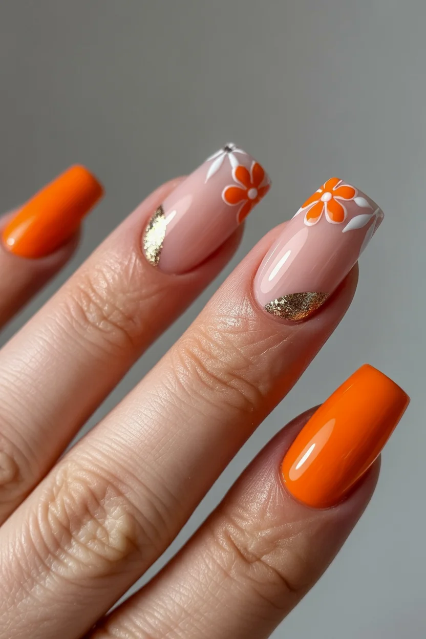 best spring nails acrylic 2026 glossy orange nails with floral accent 17