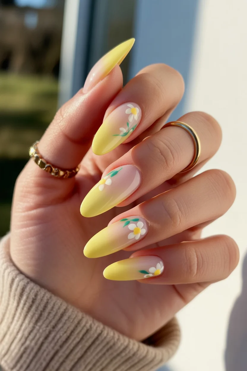 best spring nails acrylic 2026 yellow ombre almond nails with daisies 19