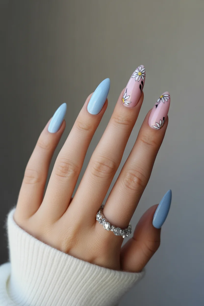 best spring nails acrylic 2026 blue and pink daisy almond nails 20