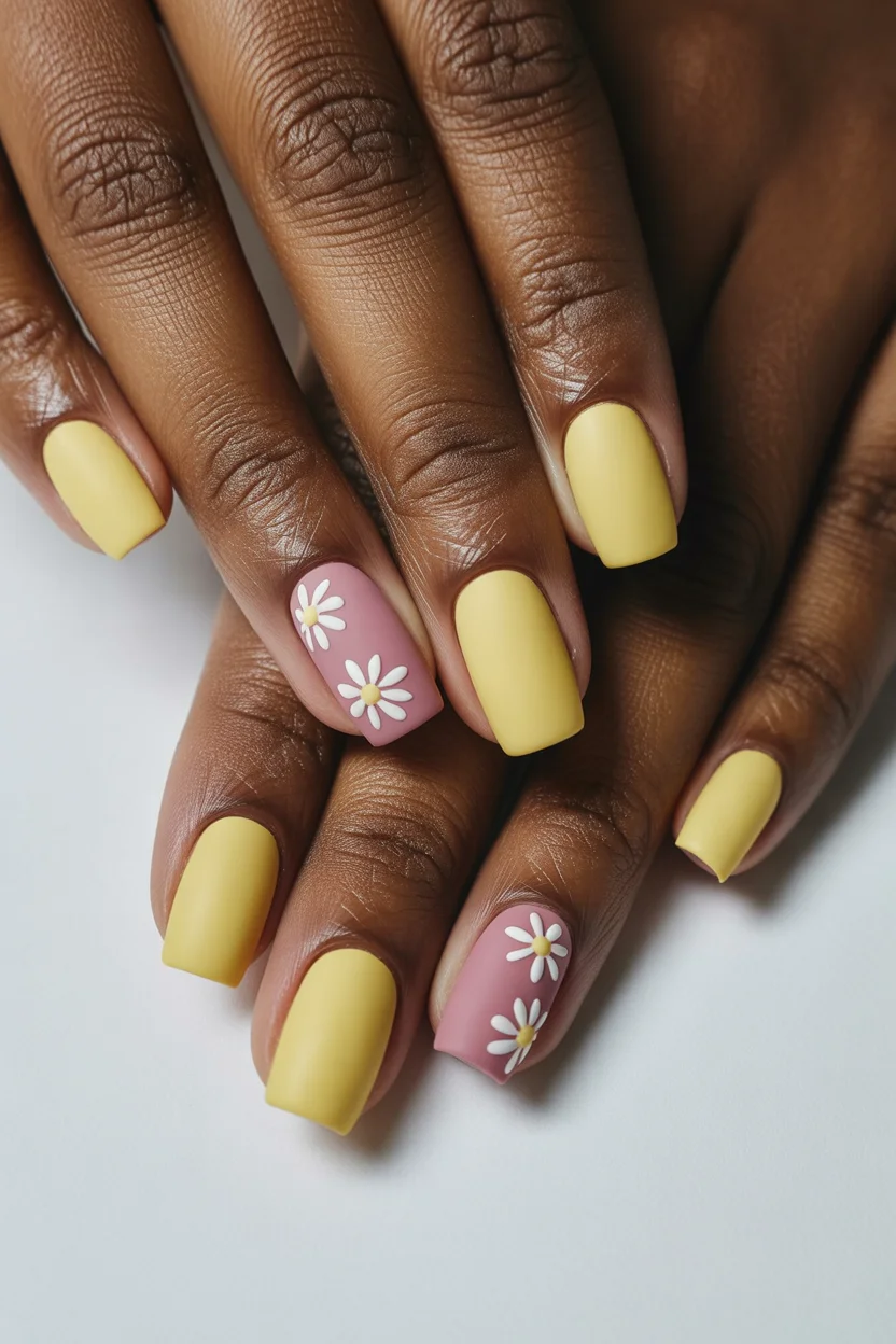 best spring nails acrylic 2026 soft yellow acrylic nails with daisy accents