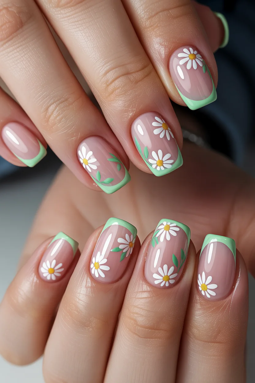 best spring nails acrylic 2026 green french tips with daisy nail art