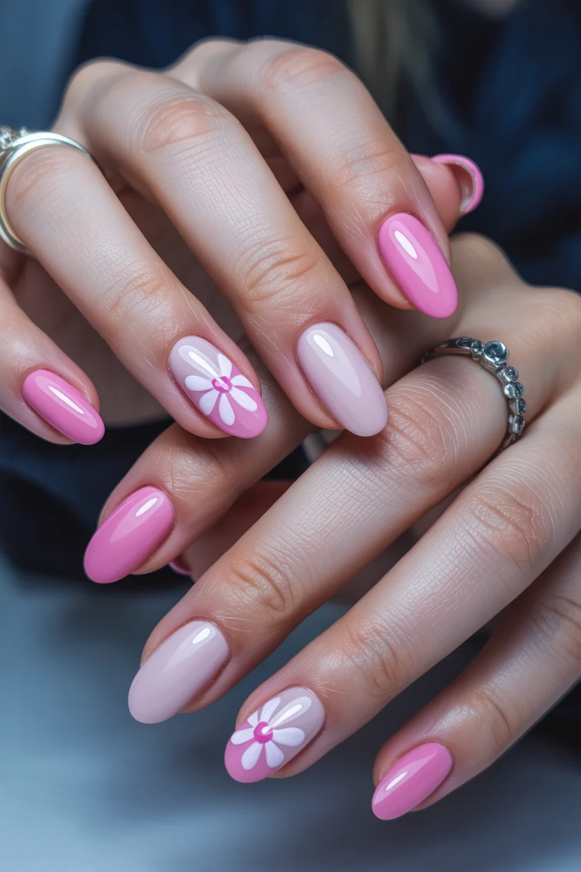 best spring nails acrylic 2026 soft pink almond nails with daisy accents