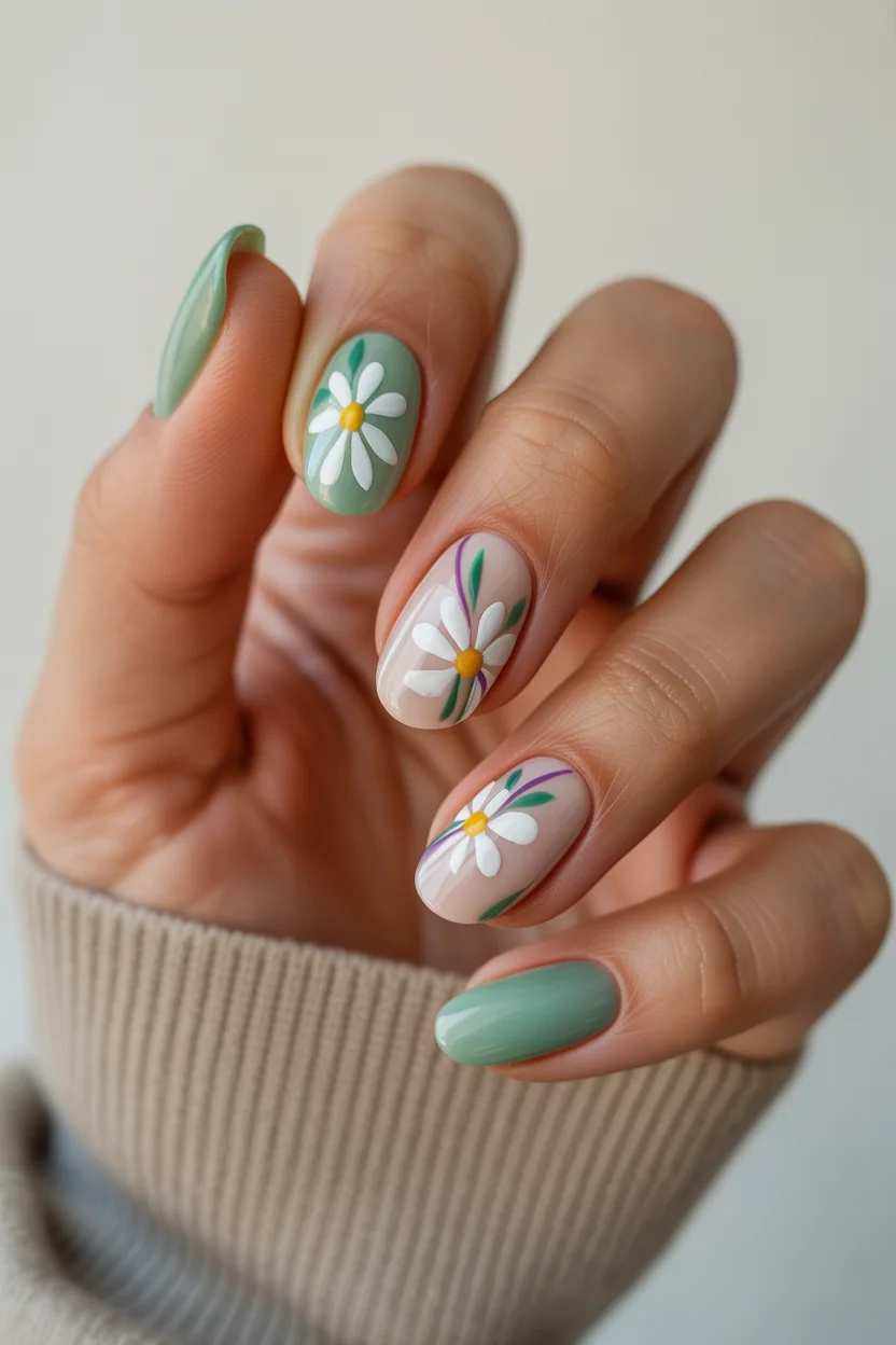 best spring nails simple 2026 sage green daisy nails 11
