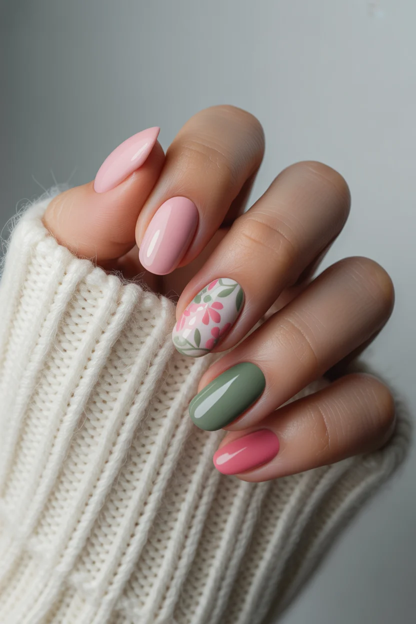 best spring nails simple 2026 pink green floral nails 14