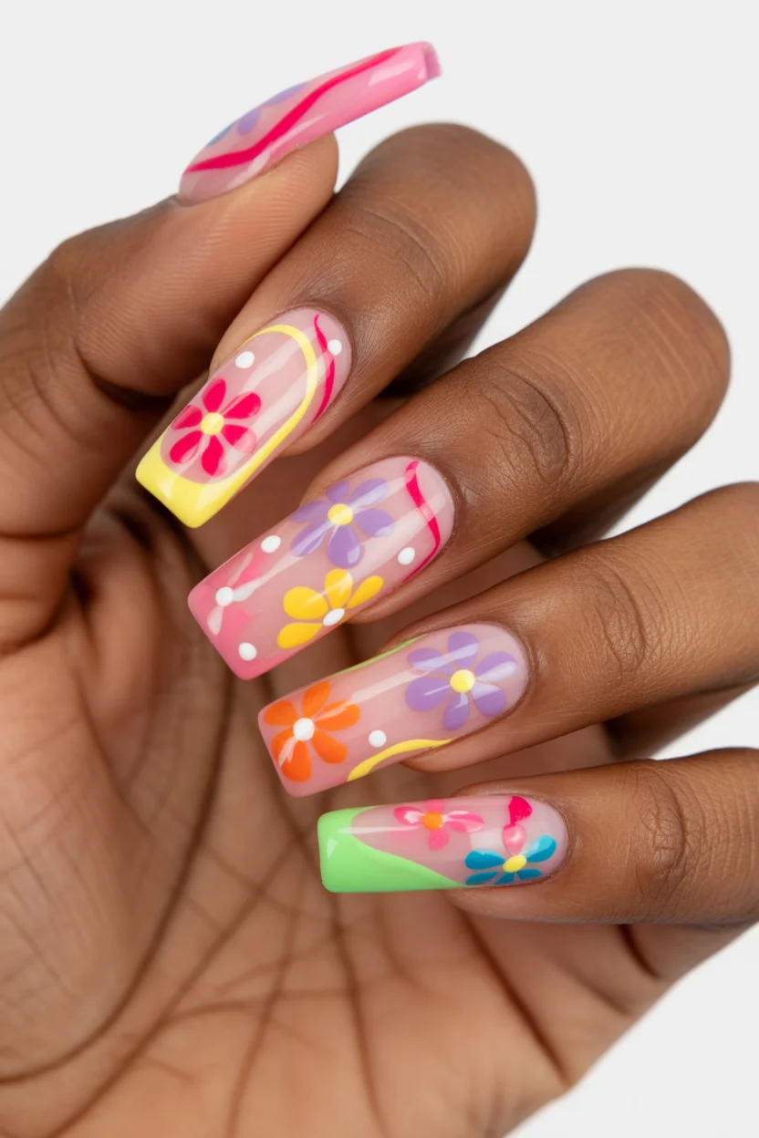 best spring nails simple 2026 colorful retro flowers 15