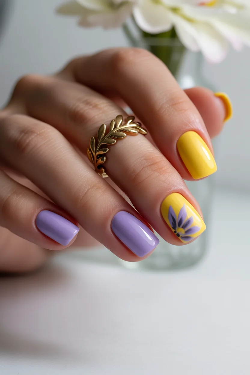 best spring nails simple 2026 lavender yellow floral nails 16