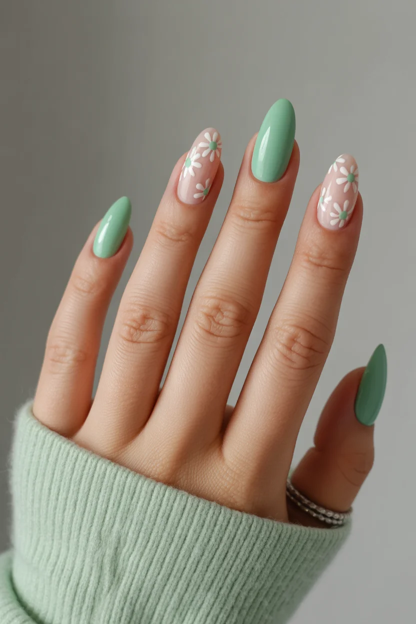 best spring nails simple 2026 mint green almond daisy nails 17