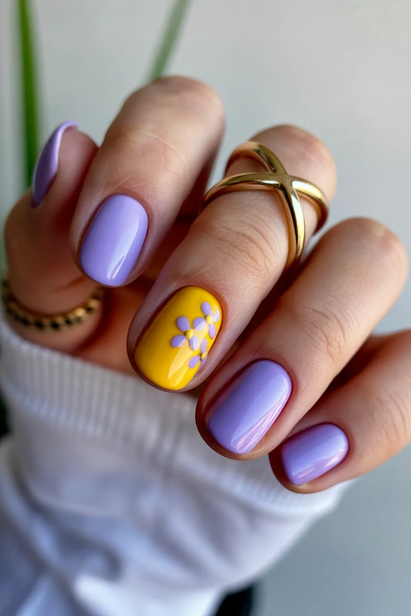 best spring nails simple 2026 lavender nails yellow flower accent 18