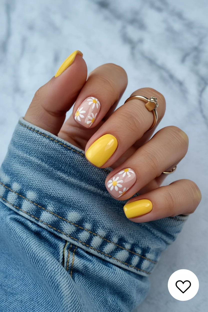 best spring nails simple 2026 yellow daisy manicure