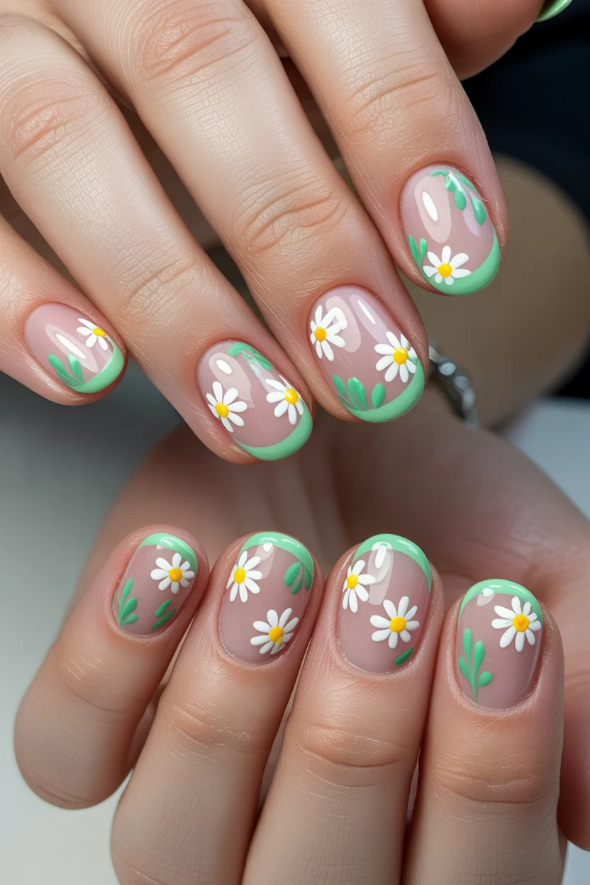 best spring nails simple 2026 green daisy french nails