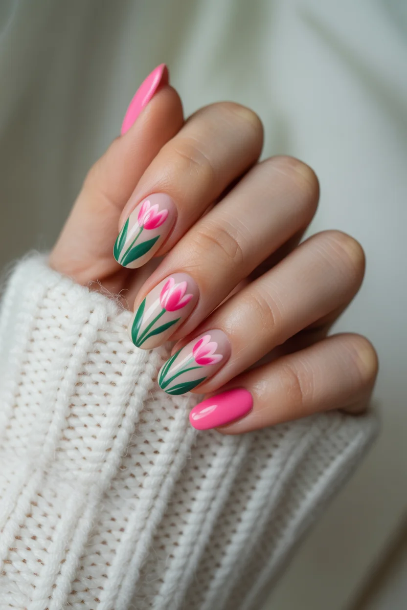 best spring short nails 2026 Fresh Tulip Art for Romantic Spring Short Nails Design