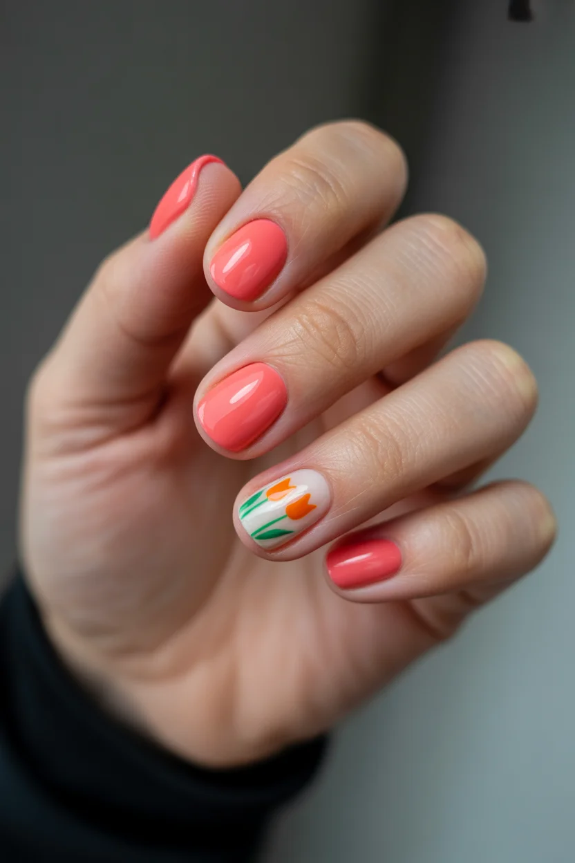 best spring short nails 2026 Minimal Coral Tulip Accent for Easy Spring Short Nails Simple