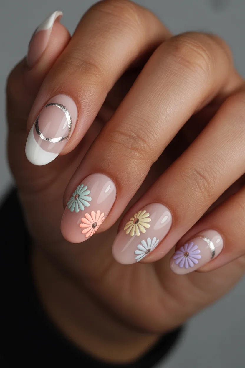 best spring short nails 2026 Soft Daisy Garden and Modern French Tip Combo for Spring Short Nails Inspo 2026