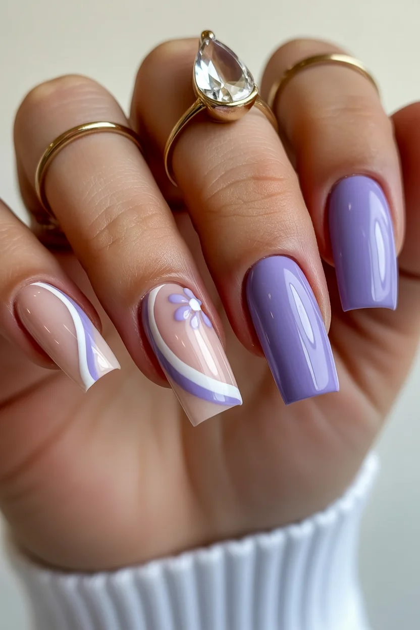 best spring short nails 2026 Lavender Waves and Floral Accent for Modern Spring Short Nails Design
