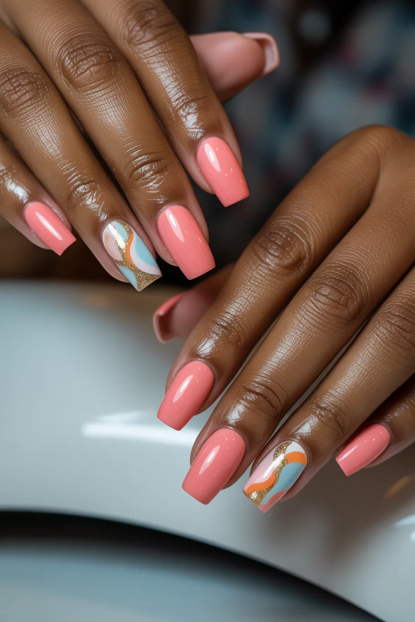 best spring short nails 2026 Playful Accent Art with Peach Pink Acrylic Spring Short Nails