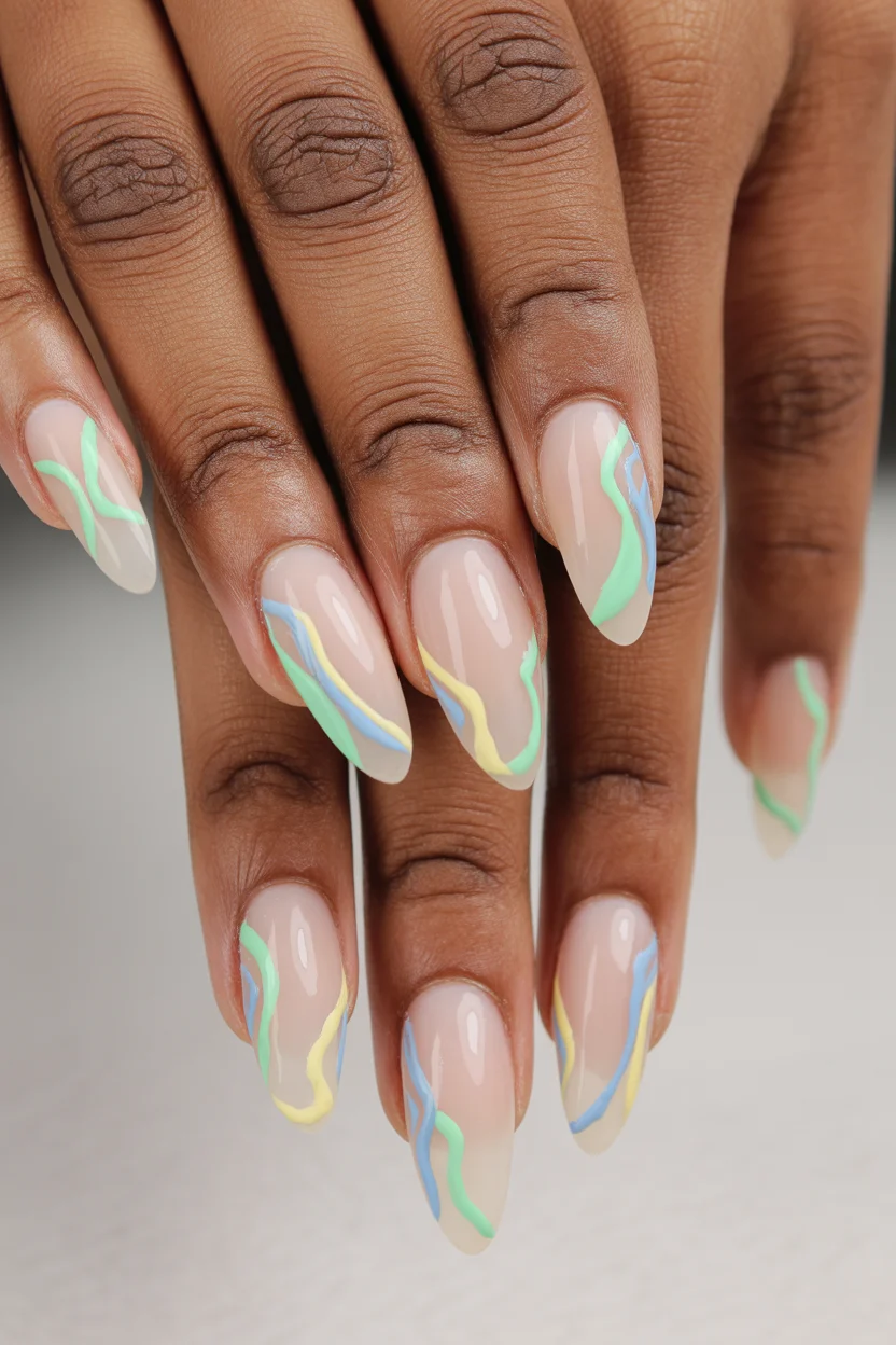 best spring short nails 2026 Soft Nude Base with Pastel Lines for Early Spring Short Nails Inspo