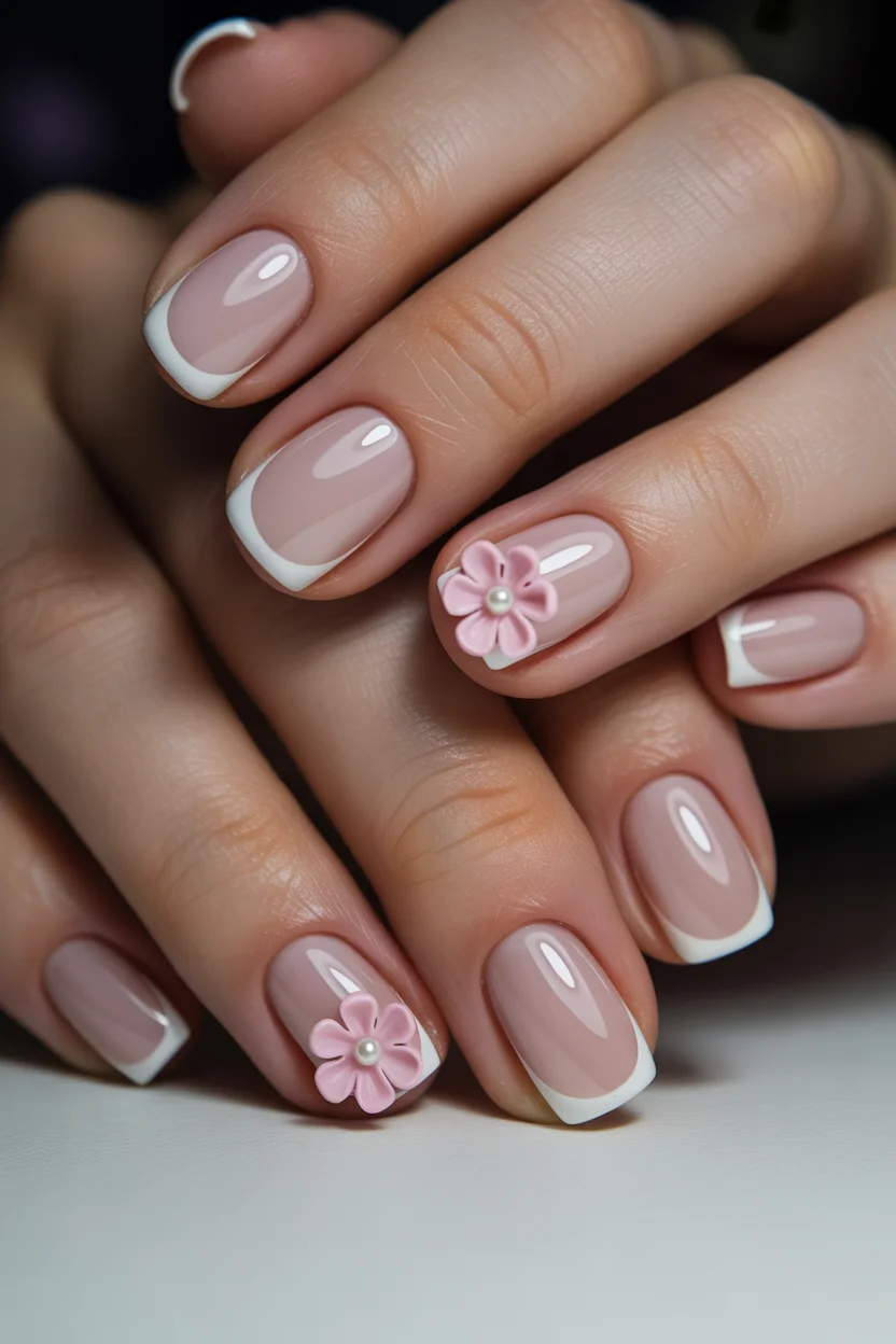 best spring short nails 2026 Elegant French Tip with Soft Floral Accent for Classic Spring Short Nails