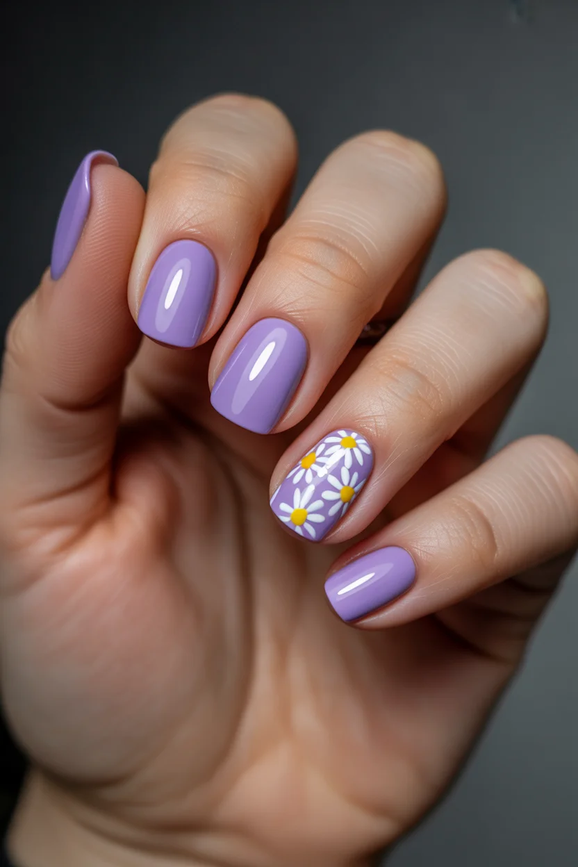best spring short nails 2026 Lavender Daisy Charm for Cute Spring Short Nails Purple Designs