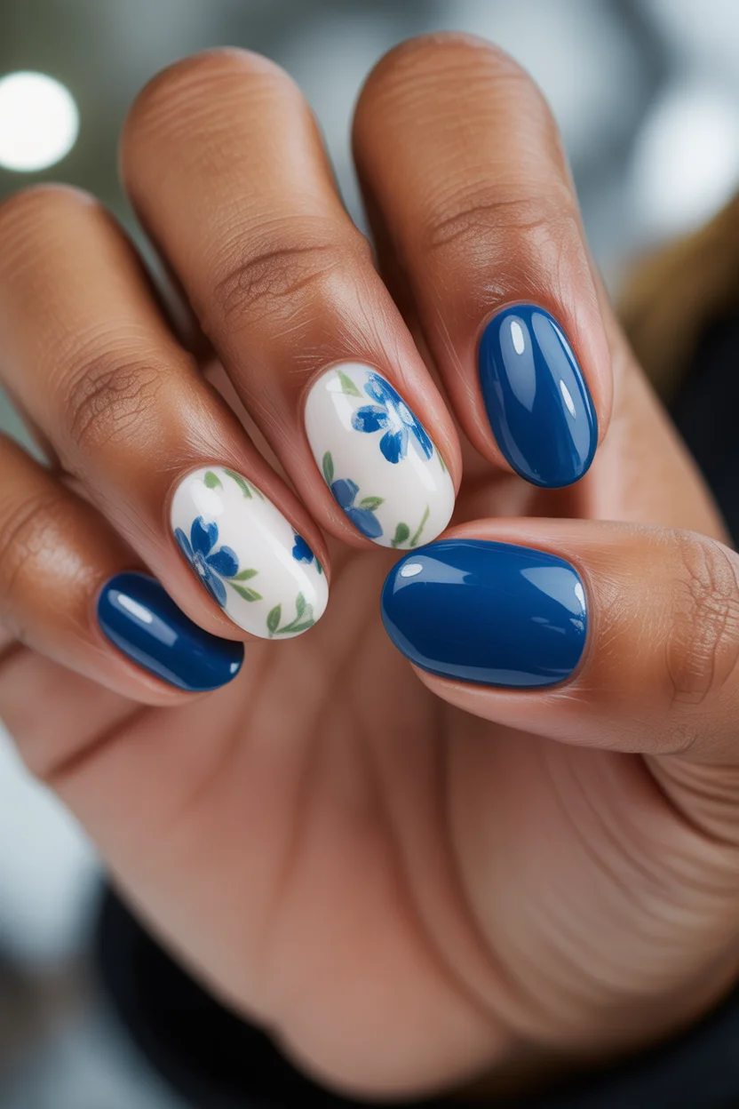 best spring short nails 2026 Deep Blue Floral Contrast for Bold Spring Short Nails Colors