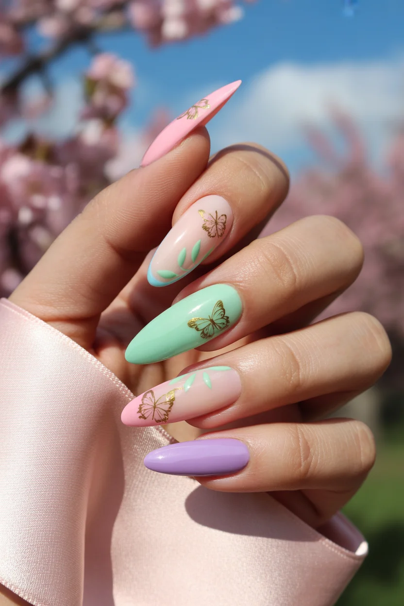 best spring stiletto nails 2026 pastel butterfly garden stiletto manicure