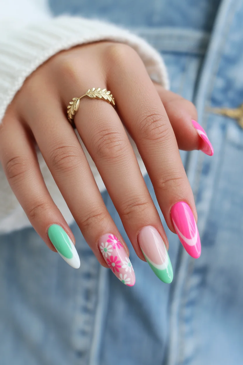 best spring stiletto nails 2026 mint and pink floral stiletto manicure