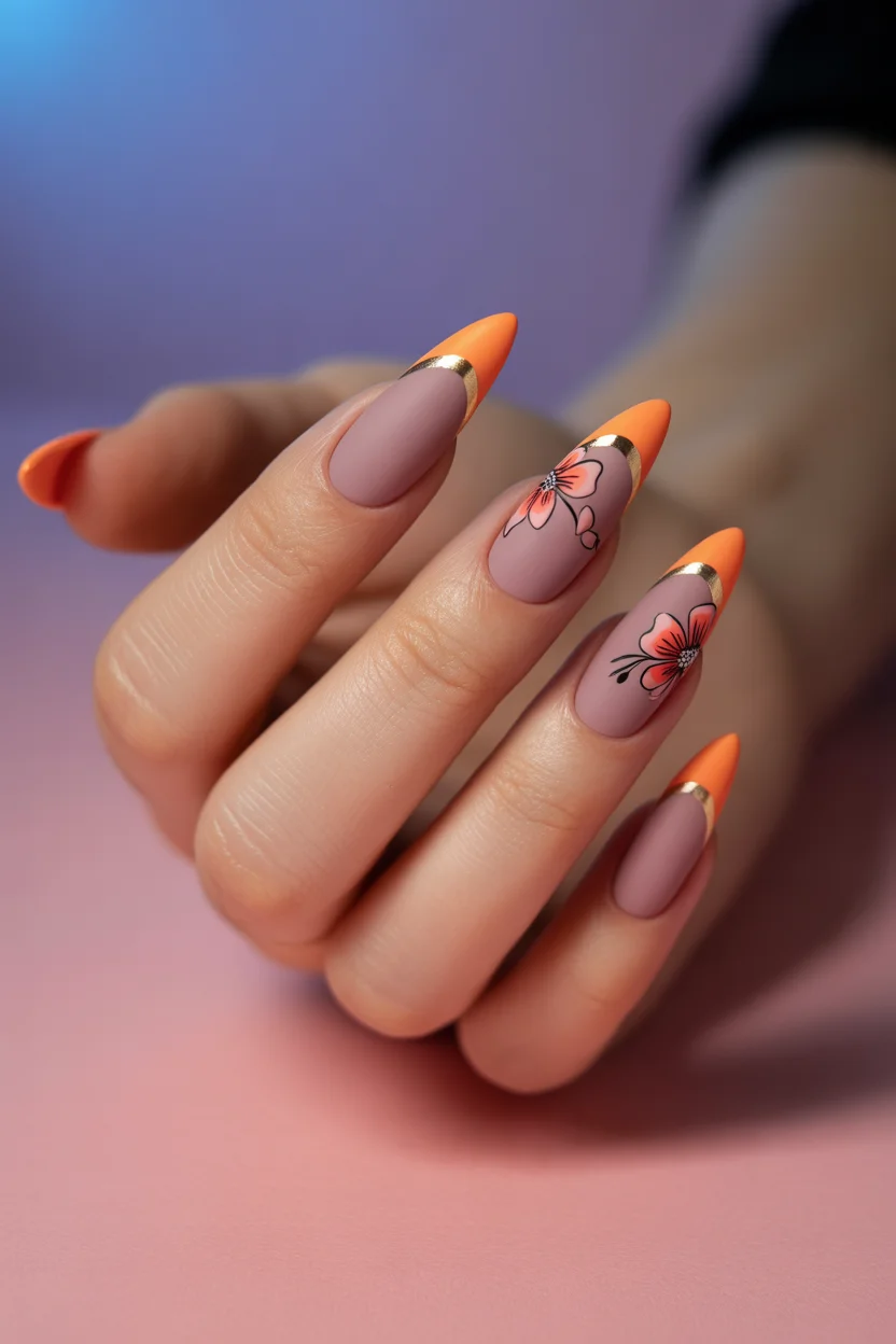 best spring stiletto nails 2026 coral matte stiletto manicure with floral art