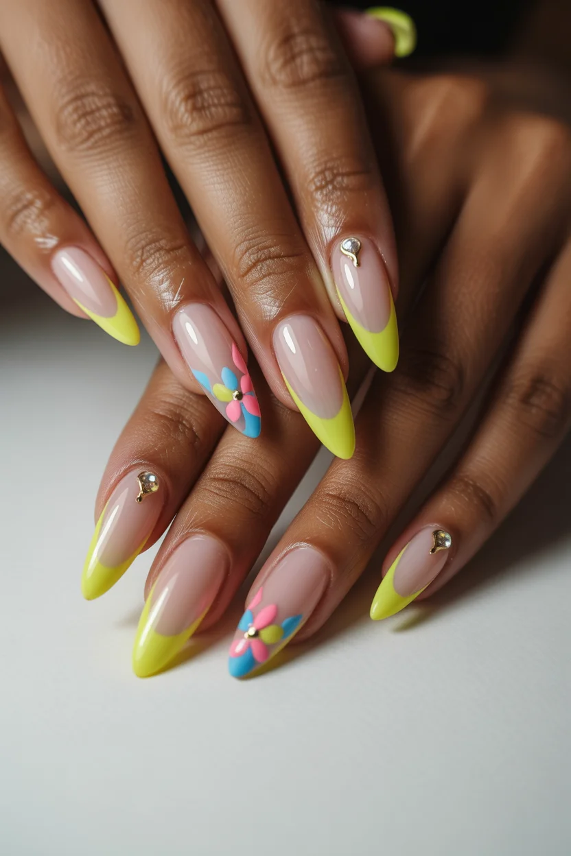 best spring stiletto nails 2026 lime yellow floral stiletto manicure