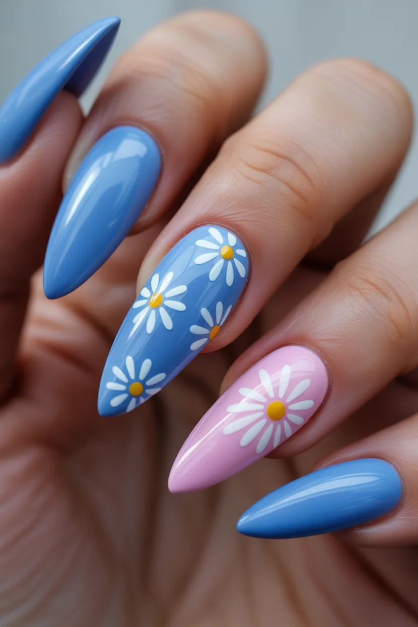 best spring stiletto nails 2026 blue daisy stiletto manicure