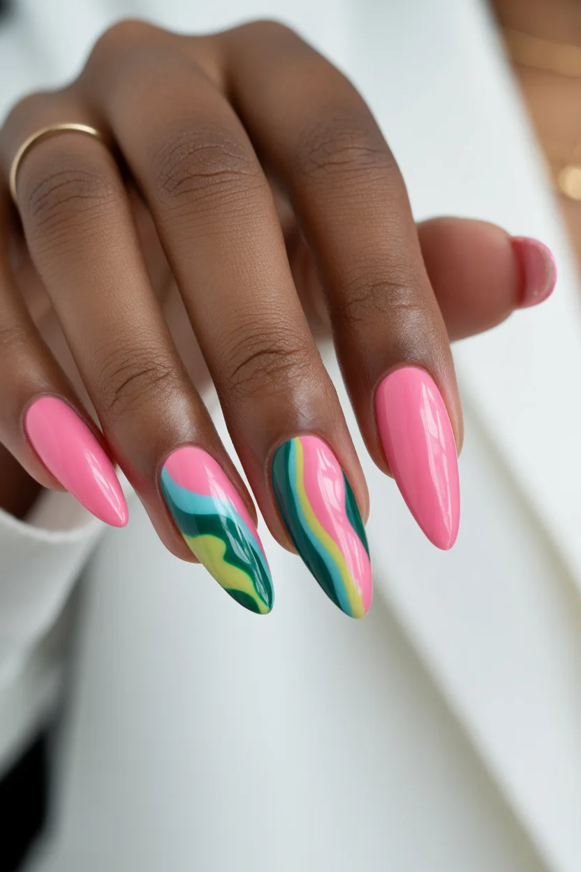 best spring stiletto nails 2026 pink abstract swirl stiletto manicure