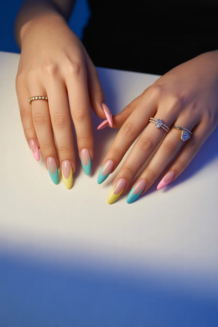 best spring stiletto nails 2026 pastel color block stiletto manicure