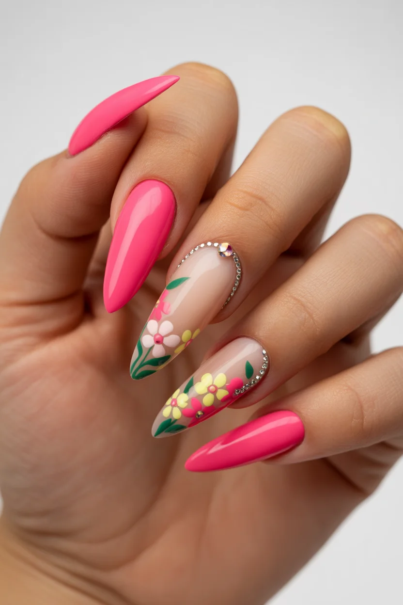 best spring stiletto nails 2026 pink floral stiletto manicure with crystals